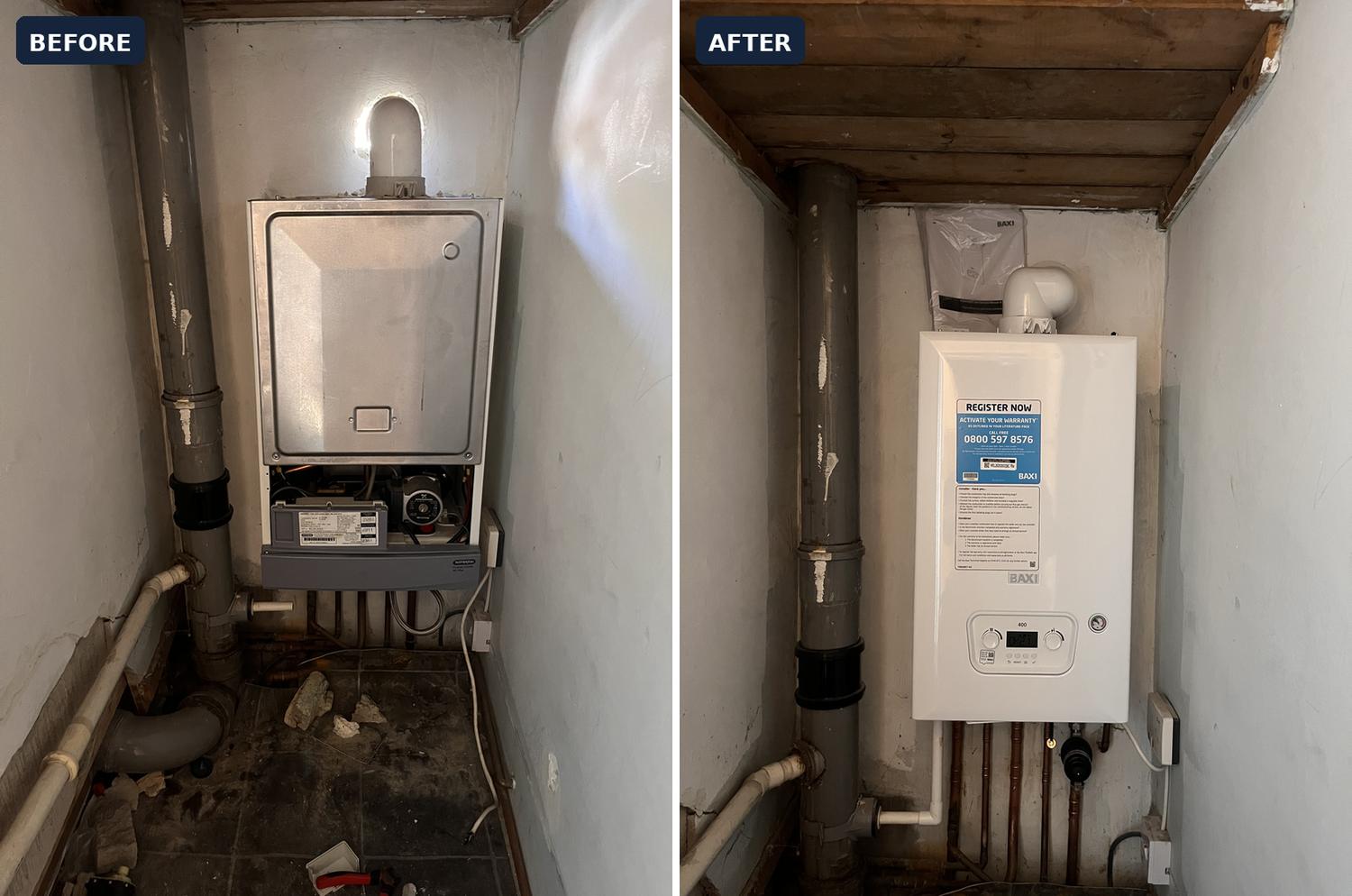 Before and after combi boiler swap in Jarrow — old boiler replaced with a new Baxi combi