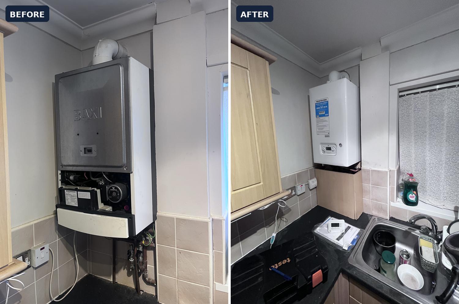 Before and after like-for-like combi boiler swap with tidy copper pipework