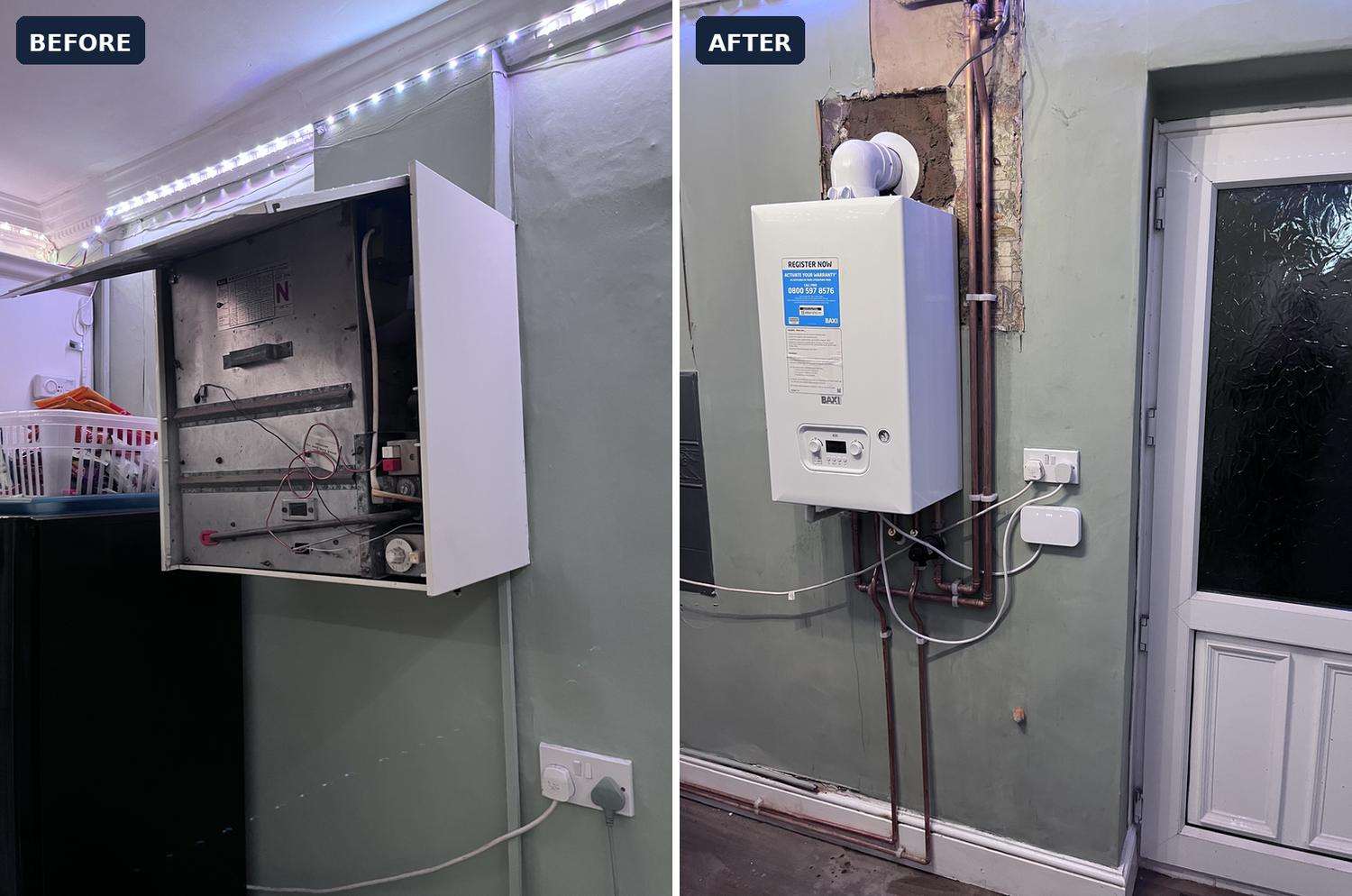 Before and after full heating system upgrade — old open boiler replaced with a modern combi boiler